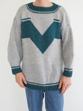 Vintage Handmade Gray Green Chevron Knit Chunky Nordic Heavy Weight Sweater M